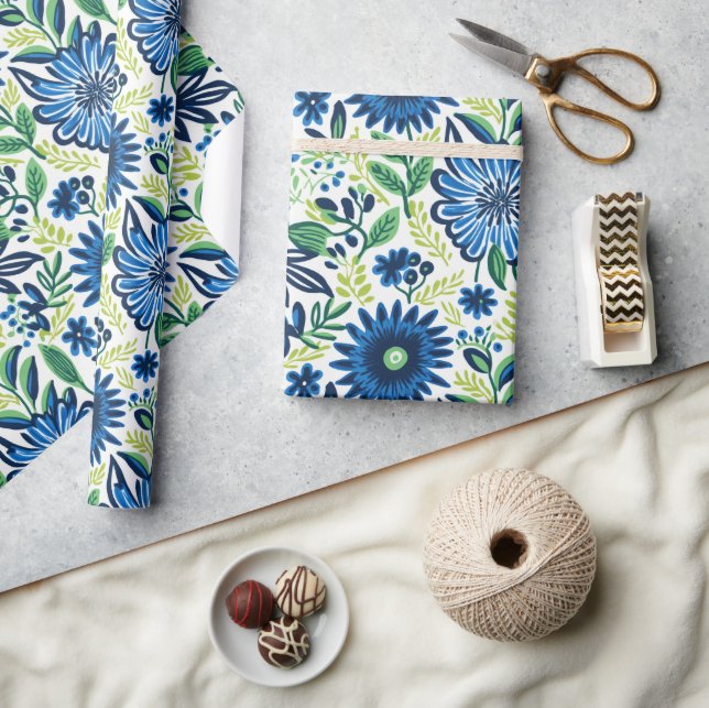 Papel De Presente Azul E Verde Floral  (Artesanato)