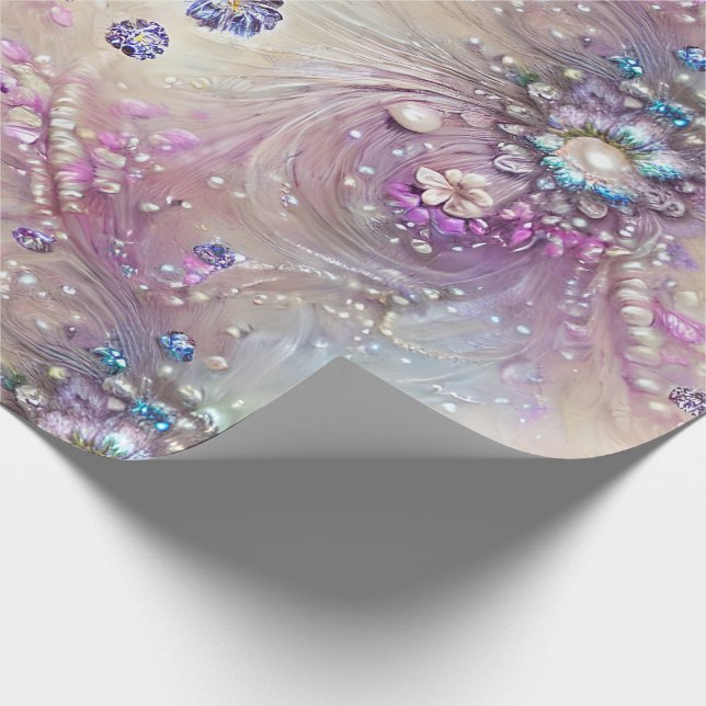 Papel De Presente Azul Elegante, Cinzas, Penas, Miçangas, Pérolas, L (Ponta)