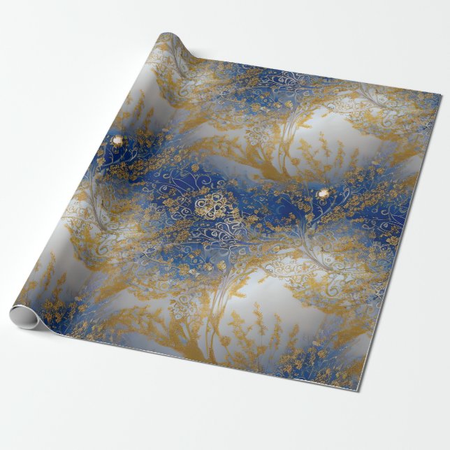Papel De Presente Azul Elegante, Dourado e claro carregado (Desenrolado)