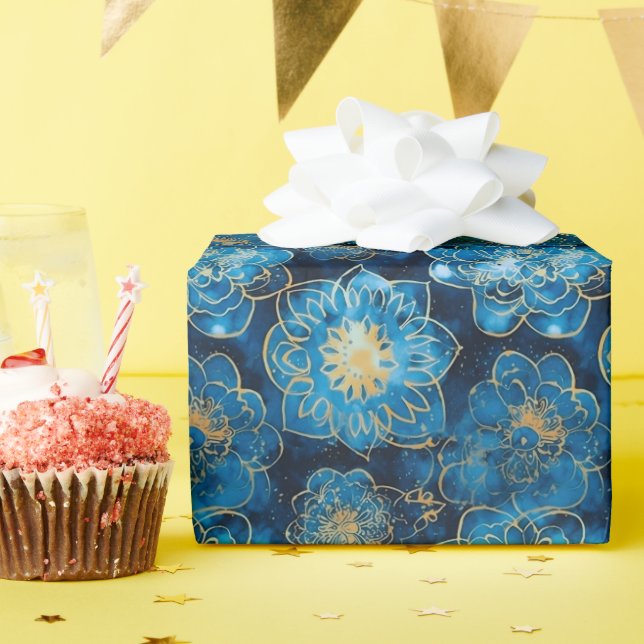 Papel De Presente Azul Elegante e Dourado Floral - Na moda botânico (Festa de aniversário)