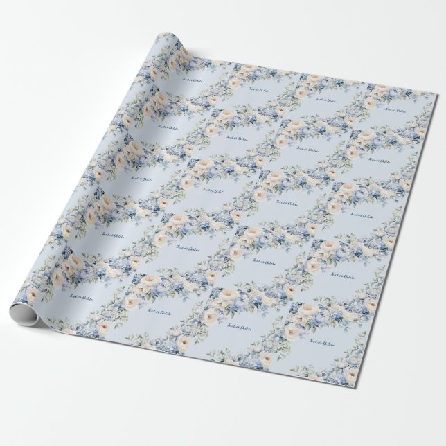 Papel De Presente Azul Empoeirado Aquarela Flores de Marfim Folhas R (Desenrolado)