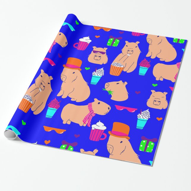 Papel De Presente azul engraçado de capybara (Desenrolado)