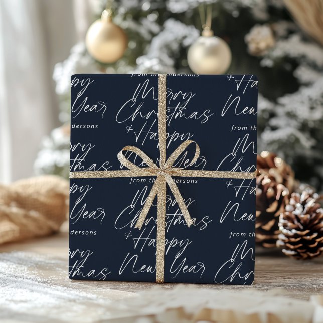 Papel De Presente Azul Escuro Moderno Feliz Natal e Feliz ano novo (Criador carregado)