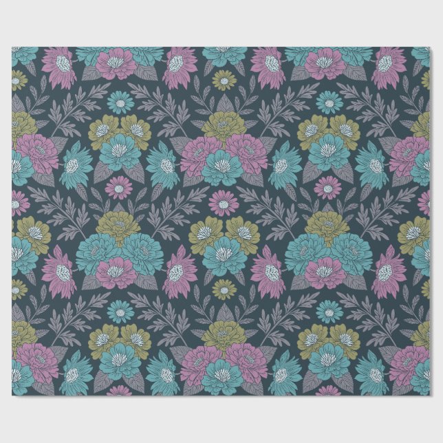 Papel De Presente Azul Escuro, Verde e Floral Púrpura (Aberto)