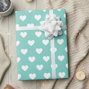 Papel De Presente Azul Espuma do Mar/Verde Com Padrão de Corações Br