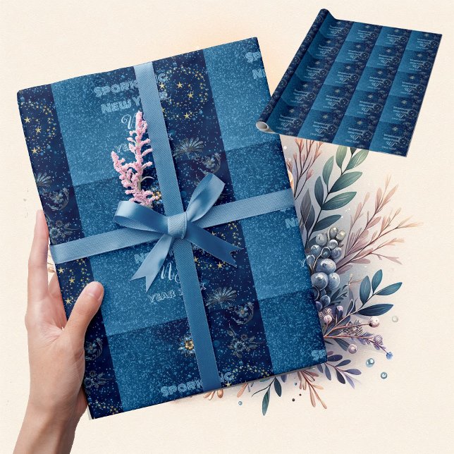 Papel De Presente Azul Espumante Ano Novo Estrelas de Brilho Festa F (Blue Sparkling New Year Glitter Stars Floral Party Wrapping Paper)