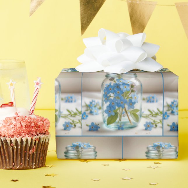 Papel De Presente Azul Esqueça-me-não Flores em um Jar (Festa de aniversário)