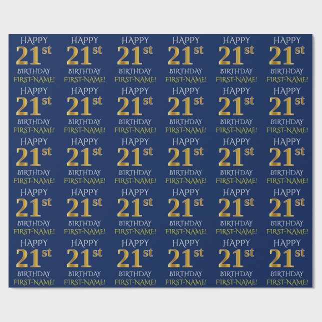 Papel De Presente Azul, Faux Dourado "aniversário de 21 anos FELIZ" (Aberto)