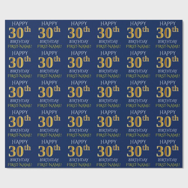 Papel De Presente Azul, Faux Dourado "aniversário de 30 anos FELIZ" (Aberto)