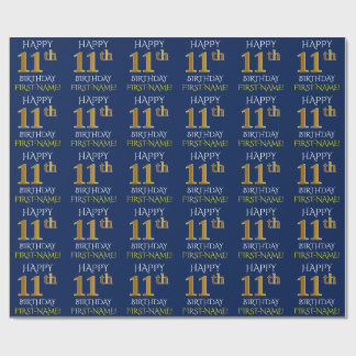Papel De Presente Azul, Faux Dourado "FELIZ 11 ANIVERSÁRIO"