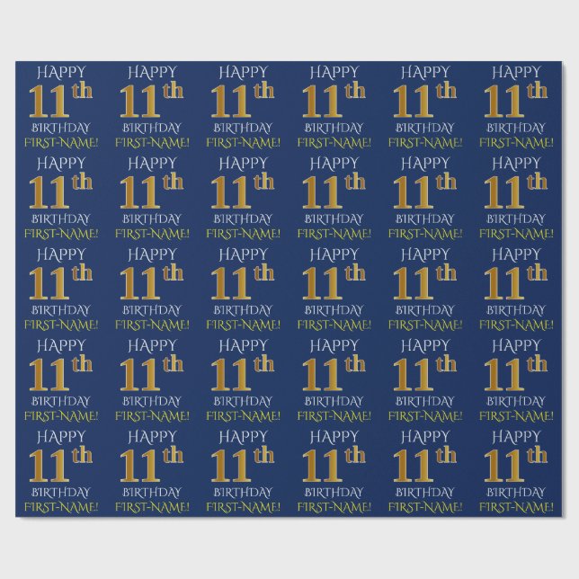 Papel De Presente Azul, Faux Dourado "FELIZ 11 ANIVERSÁRIO" (Aberto)