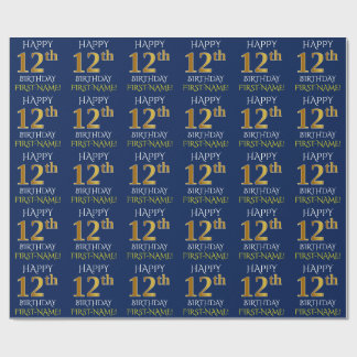 Papel De Presente Azul, Faux Dourado "FELIZ 12 ANIVERSÁRIO"
