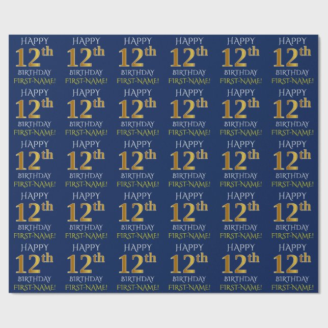 Papel De Presente Azul, Faux Dourado "FELIZ 12 ANIVERSÁRIO" (Aberto)