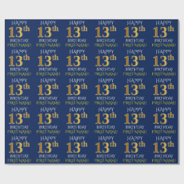 Papel De Presente Azul, Faux Dourado "FELIZ 13 ANIVERSÁRIO"