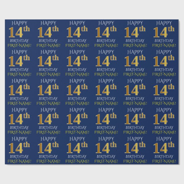 Papel De Presente Azul, Faux Dourado "FELIZ 14 ANIVERSÁRIO" (Aberto)