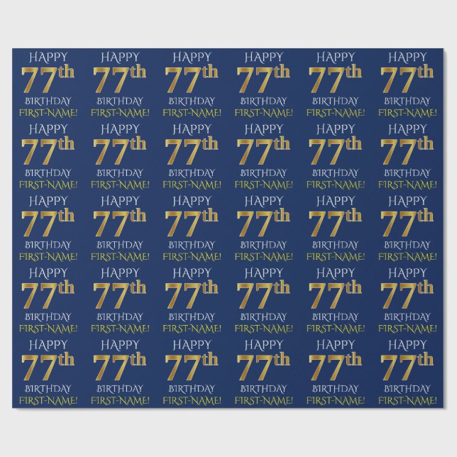 Papel De Presente Azul, Faux Dourado "FELIZ 77 ANOS" (Aberto)