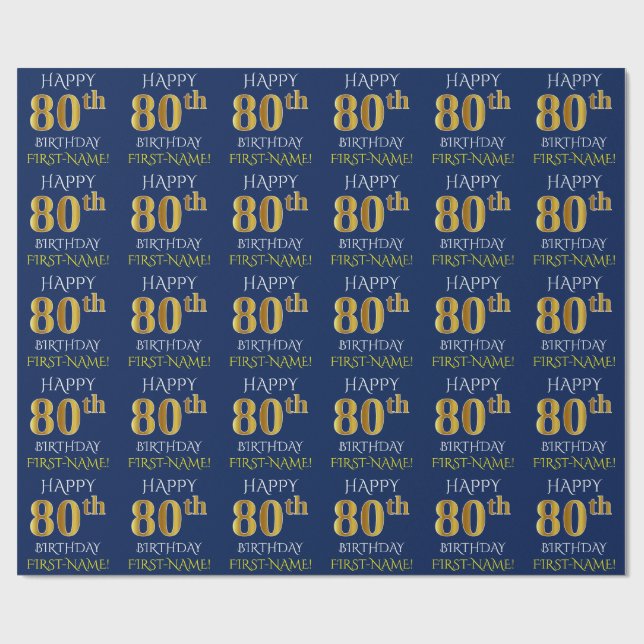 Papel De Presente Azul, Faux Dourado "FELIZ 80 ANIVERSÁRIO" (Aberto)