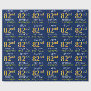 Papel De Presente Azul, Faux Dourado "FELIZ 82º ANIVERSÁRIO"
