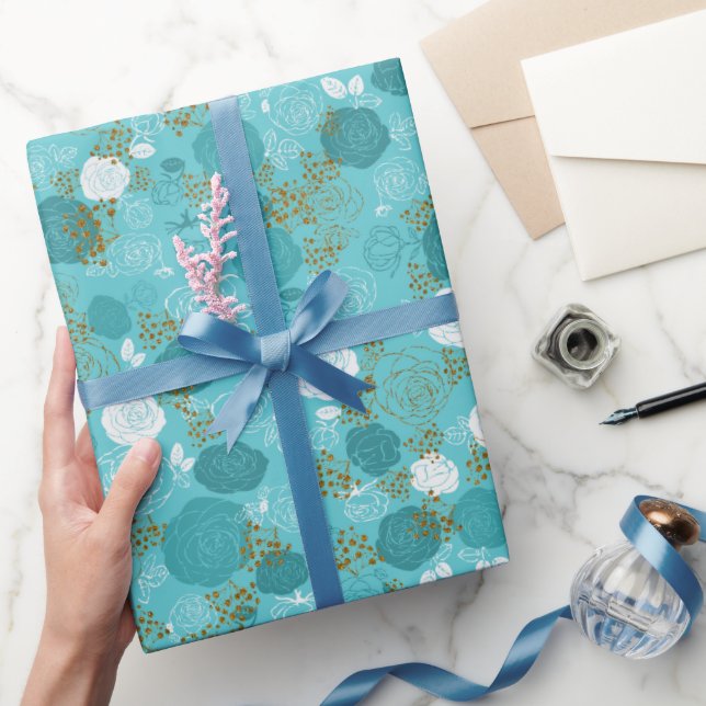 Papel De Presente Azul | Faux Glitter Floral Moderno e Elegante (Presentear)