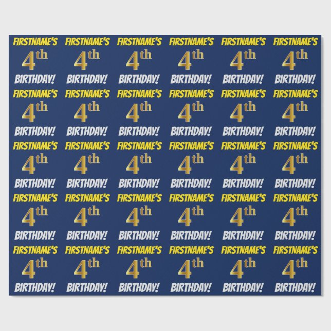 Papel De Presente Azul, Faux/Imitação Dourada, "4º ANIVERSÁRIO" (Aberto)