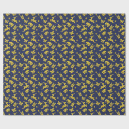 Papel De Presente Azul Festivo Dourado Rena Natal Férias
