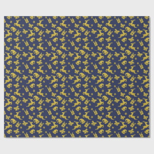 Papel De Presente Azul Festivo Dourado Rena Natal Férias