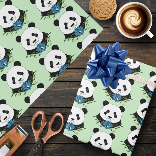Papel De Presente Azul Flor de Lotus Panda Bear (Criador carregado)