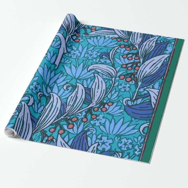 Papel De Presente Azul Floral Antiquado Boho Moderno (Desenrolado)