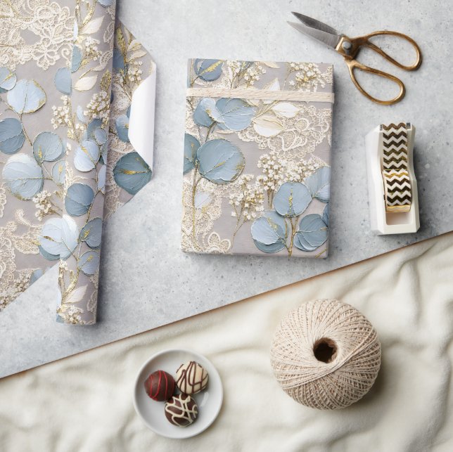Papel De Presente Azul Floral Creme Ouro Elegante  (Artesanato)
