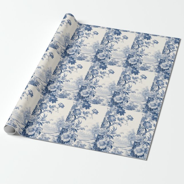 Papel De Presente Azul floral francês (Desenrolado)