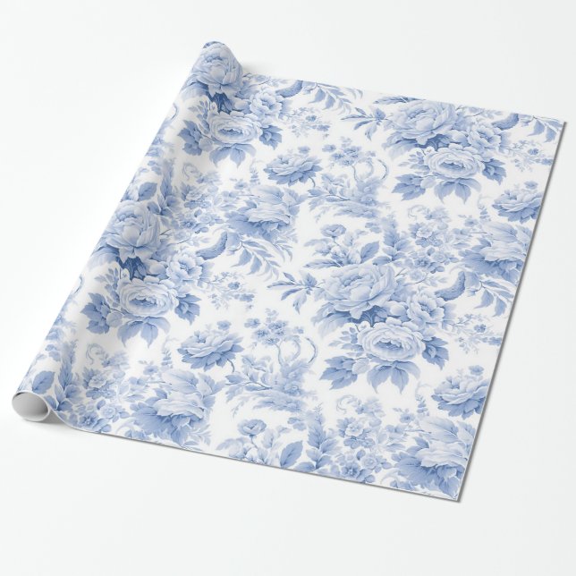Papel De Presente Azul floral francês (Desenrolado)