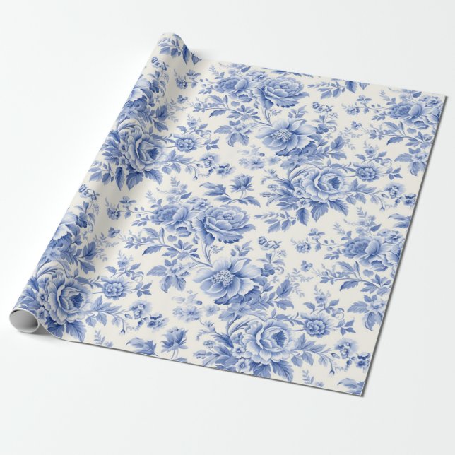 Papel De Presente Azul floral francês (Desenrolado)