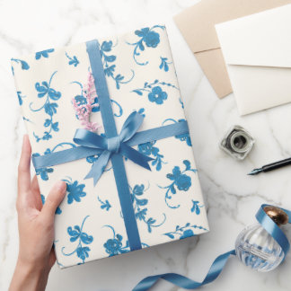 Papel De Presente Azul Floral Francês Rococó Marfim Elegante