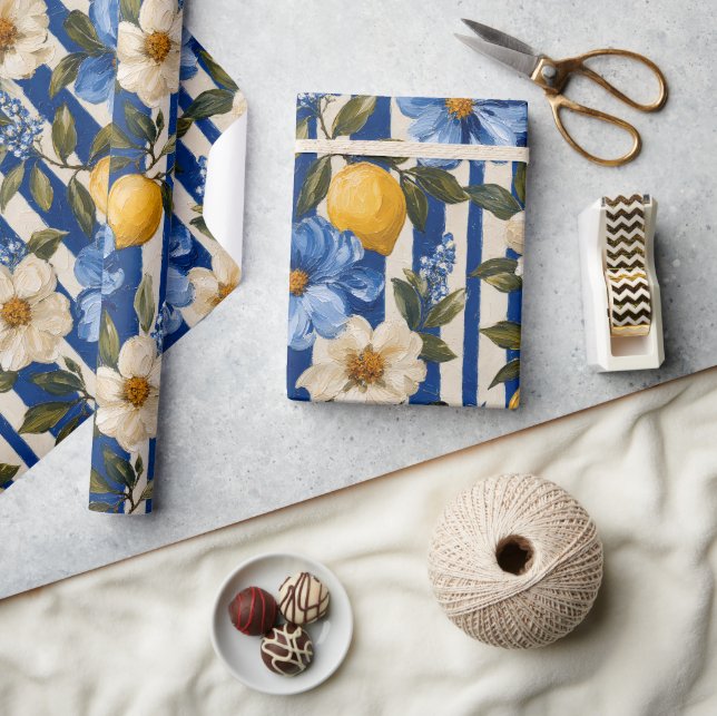 Papel De Presente Azul Floral Listra de Limão Elegante  (Artesanato)