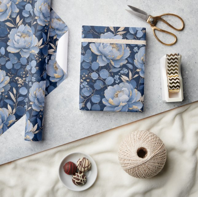 Papel De Presente Azul Floral Ouro Elegante  (Artesanato)