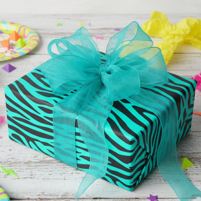 Papel De Presente Azul Fluorescente Pequeno Estampa de Zebra (Fun Fluorescent Blue Wrapping Paper for Cool 80's Kids Party. Modern Zebra Animal Print Gift Wrap)