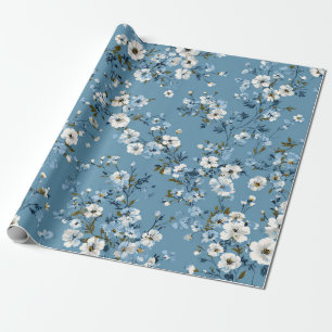 Papel De Presente Azul Macio Branco Flor Ditsy Pastel Boho 70s