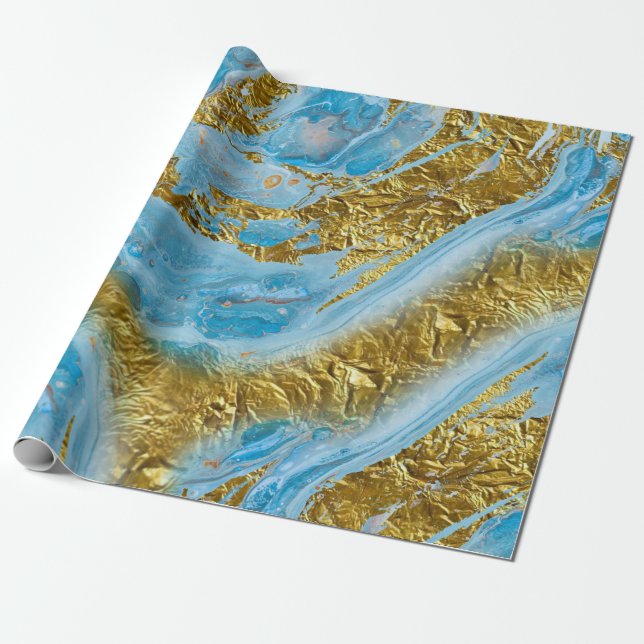 Papel De Presente Azul, Marble e Folha de Ouro (Desenrolado)
