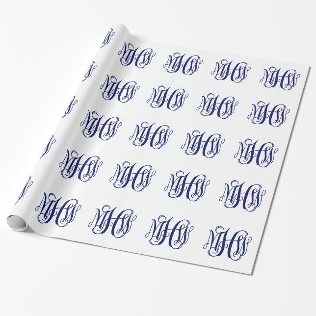 Papel De Presente Azul Marinho 3 Iniciais Vinheta de Parreira Monogr (Desenrolado)