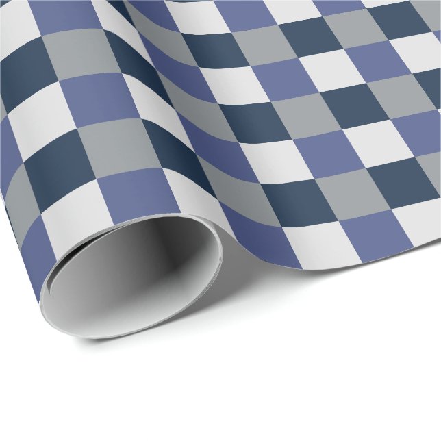 Papel De Presente Azul Marinho Cinza Branco Xadrez (Ponta do rolo)