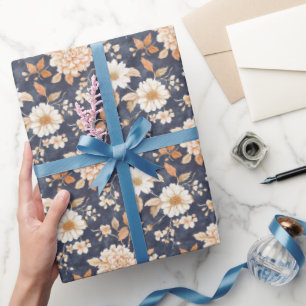 Papel De Presente Azul Marinho Creme Floral Pêssego