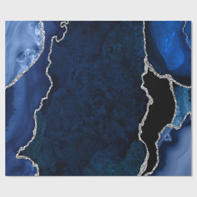Papel De Presente Azul Marinho e Ágata Falsa Brilhante Prata (Aberto)