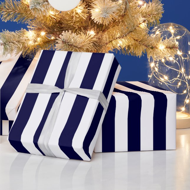 Papel De Presente Azul Marinho e Branco Padrão de Listras Extra Gran (Feriados)