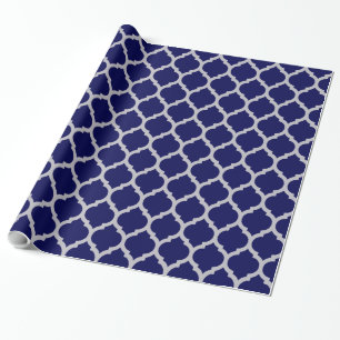 Papel De Presente Azul Marinho e Branco Padrão Marroquino Quatrefoil