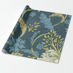 Papel De Presente Azul Marinho e Dourado floral no estilo de William