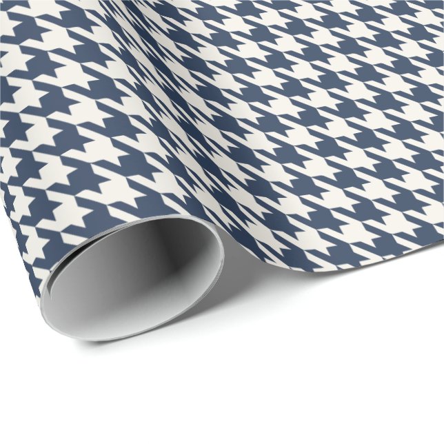 Papel De Presente Azul Marinho e Marfim Padrão Xadrez Houndstooth |  (Ponta do rolo)