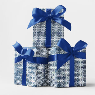 Papel De Presente Azul Marinho e Padrão Chave Grego Branco