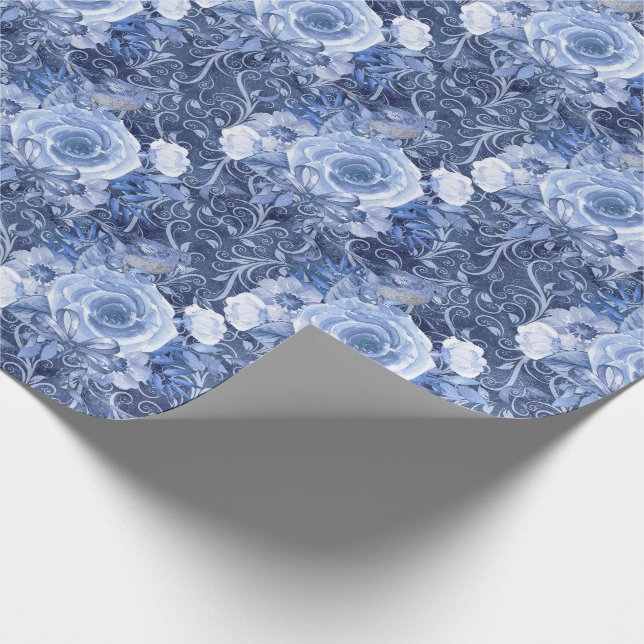 Papel De Presente Azul Marinho e Rosa Floral Branco (Ponta)