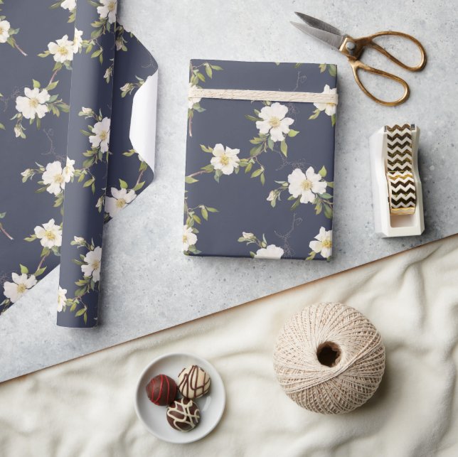 Papel De Presente Azul Marinho Floral Branco (Artesanato)