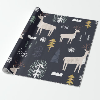 Papel De Presente Azul Marinho Padrão de Inverno de Rena Escandinava